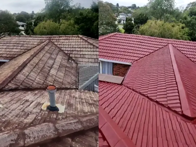 Before and after: stained concrete tile roof (left) recoated in red (right)