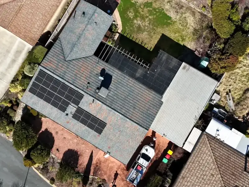 Drone view of a whole tiled roof and our work ute on site