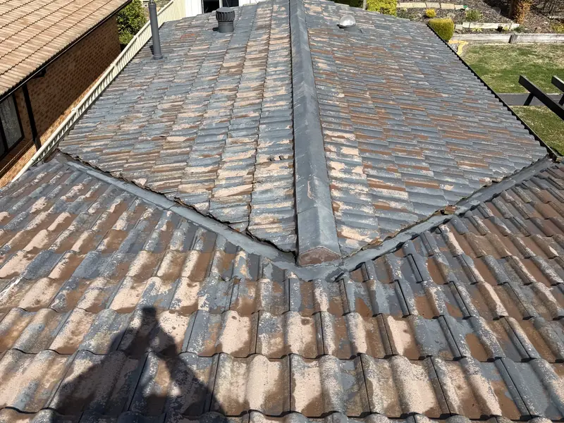 Looking along the ridge and valleys from on the roof during an inspection
